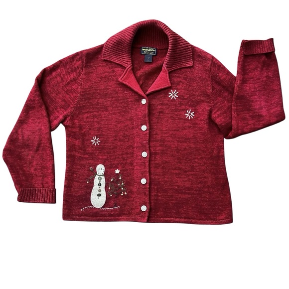 Woolrich Sweaters - Woolrich Snowman Cardigan Christmas Ruby Red Cotton Vintage Women’s Medium